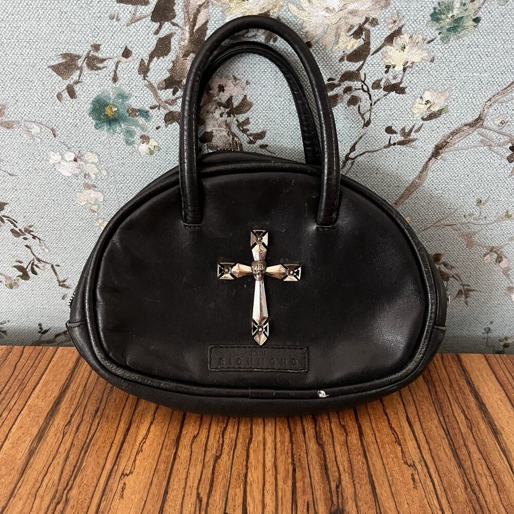 John Richmond Black Leather / Silver Cross Handbag Purse